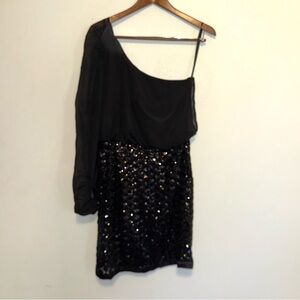 LAUNDRY SHELLI SEGAL Dress Womens 8 Black Sheer One Shoulder Dress Sequin Skirt